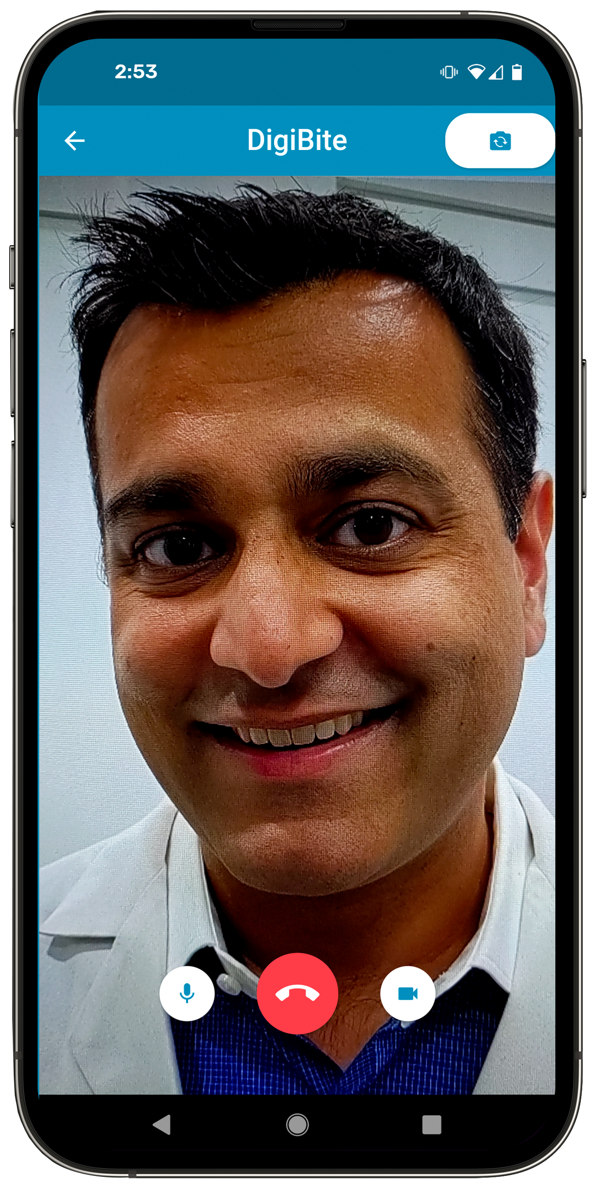 DigiBite teledentistry app live consultation screen. Image of DigiBite Chief Dental Officer Dr. Karan Kamboh performing live dental consultation via a mobile app