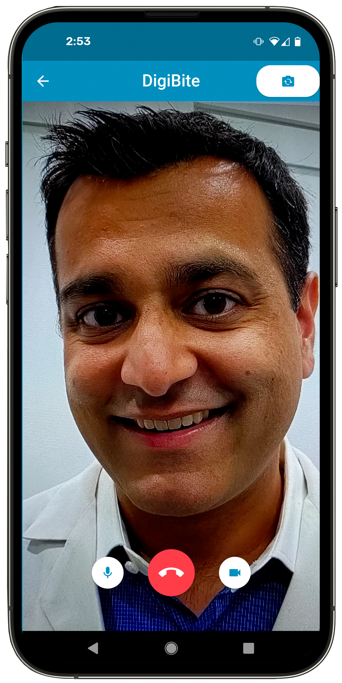 DigiBite teledentistry app live consultation screen. Image of DigiBite Chief Dental Officer Dr. Karan Kamboh performing live dental consultation via a mobile app