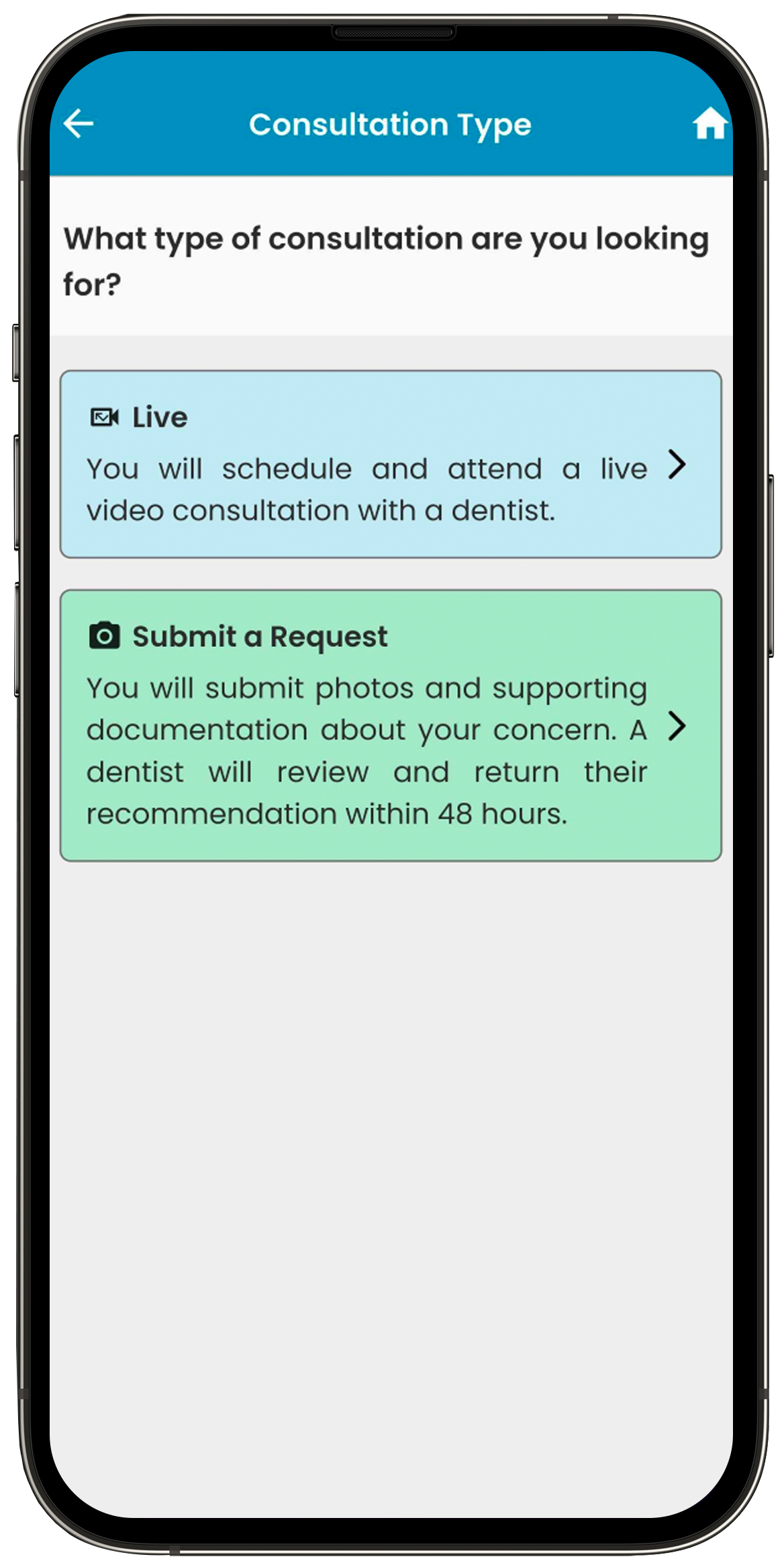 DigiBite teledentistry app consultation type screen choose a live consultation or submit a request