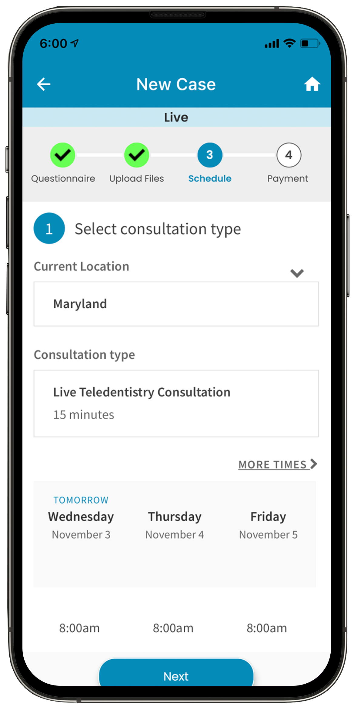 DigiBite teledentistry app scheduling a live teledentistry consultation screen
